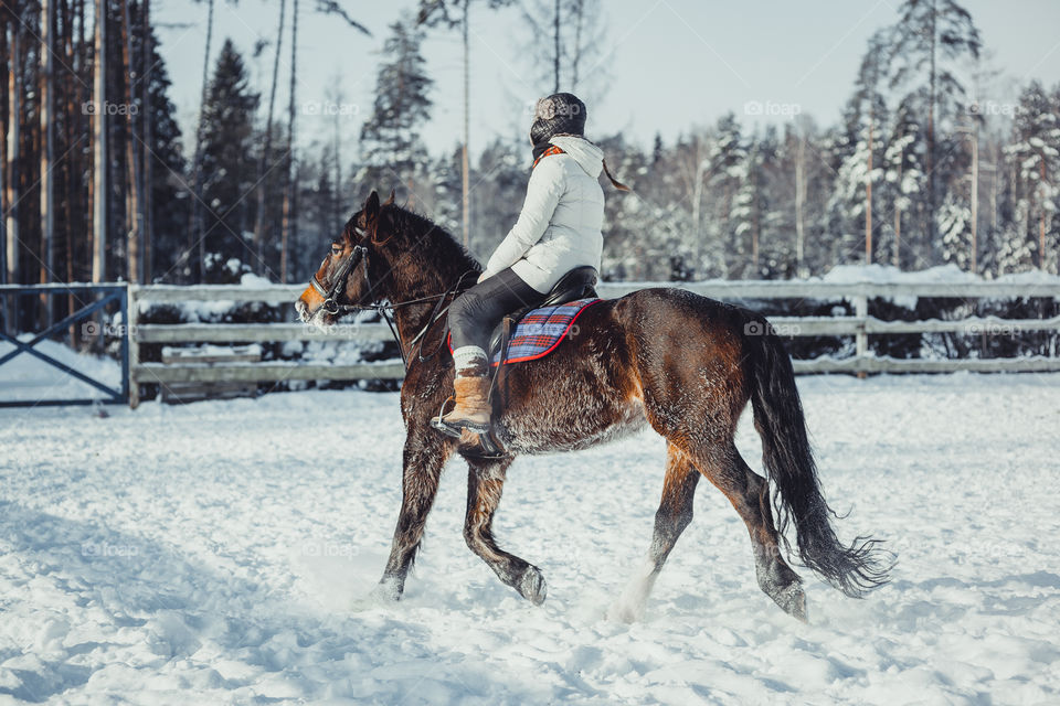 Teenage girl horseback jumping at cold winter day