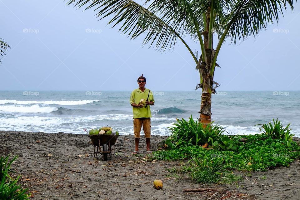 Coconut juice . A costarican man selling coconut juice on the beach of Tortuguero 