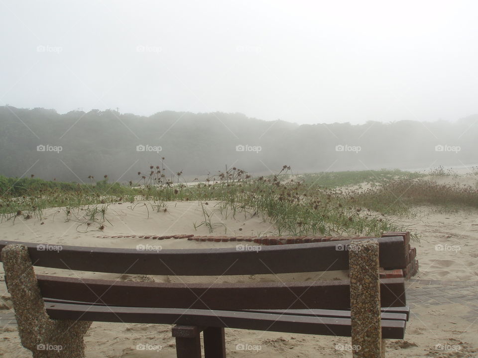 bench on a misty day at the beach