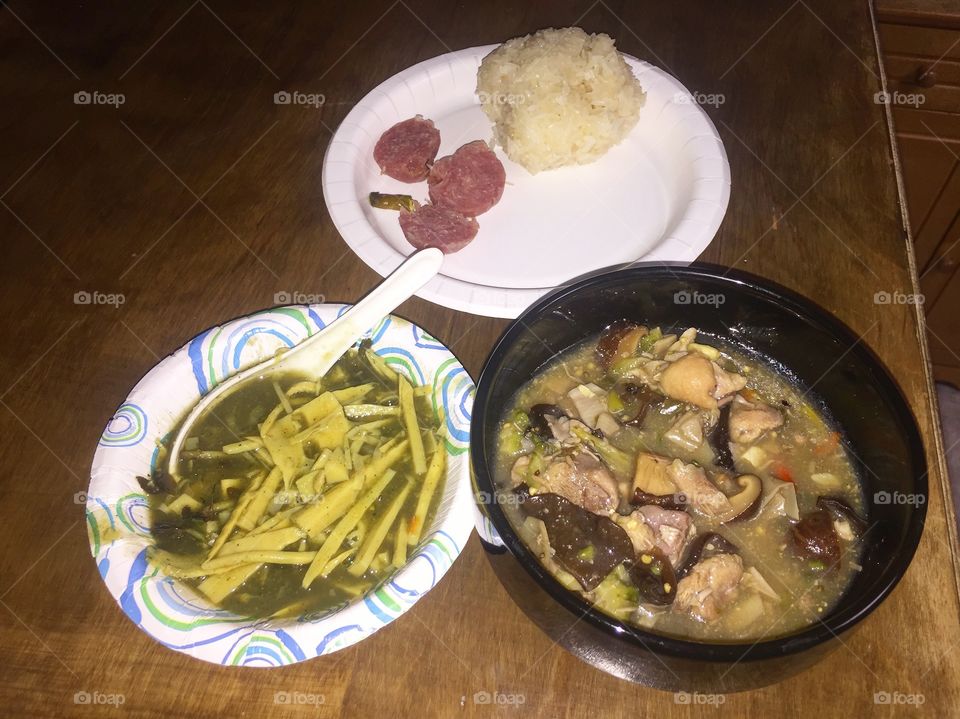 Homemade Lao 🇱🇦 food

Stickey rice 🍚 
Bamboo soup (gang na mite)
Chicken and eggplant baby  🍆 
Fermented pork 