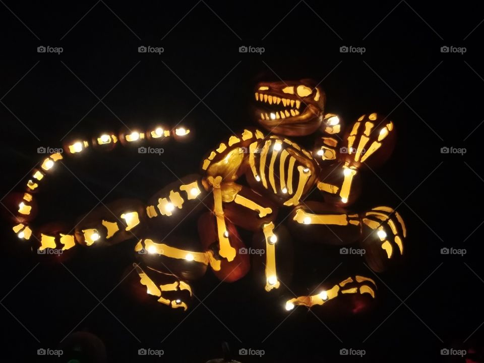 RISE of the Jack O Lanterns 2017 at Westbury Gardens, NY. Spectacular display of dinosaurs made of carved pumpkins and lights. October 14th 2017, 9:30pm.