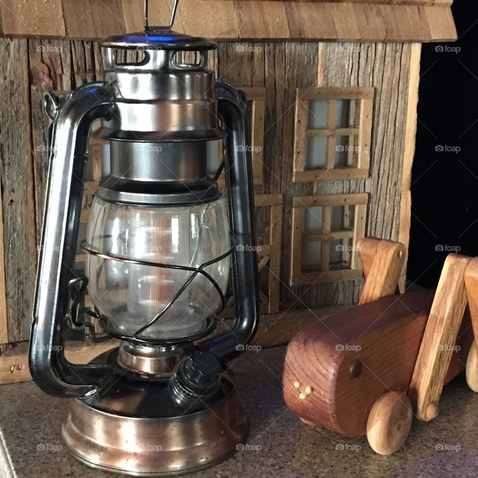 Lantern, wood toy grasshopper, handmade toy barn