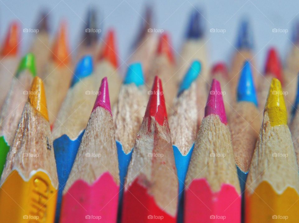 Close up of colored pencils focus on red