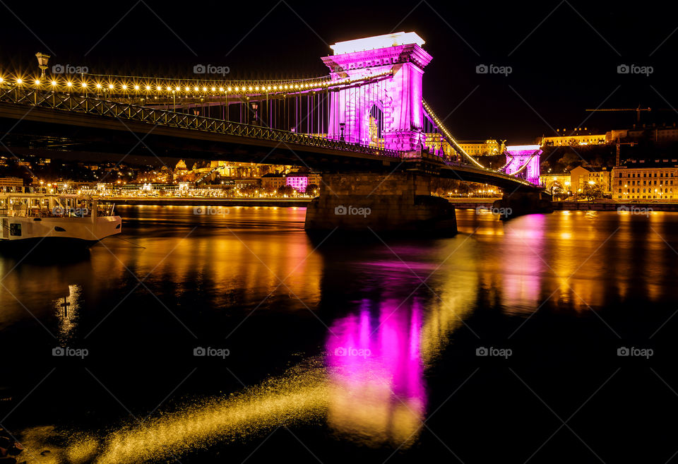 Decoration lights of chain bridge at night, Hungary