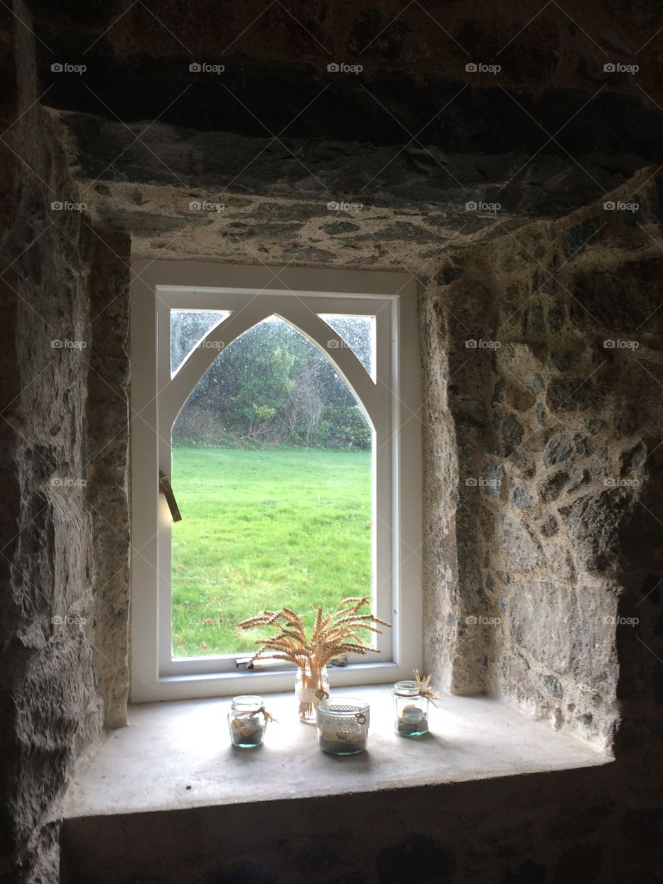 Beautiful window in St Tugal's chapel, Herm Island 
