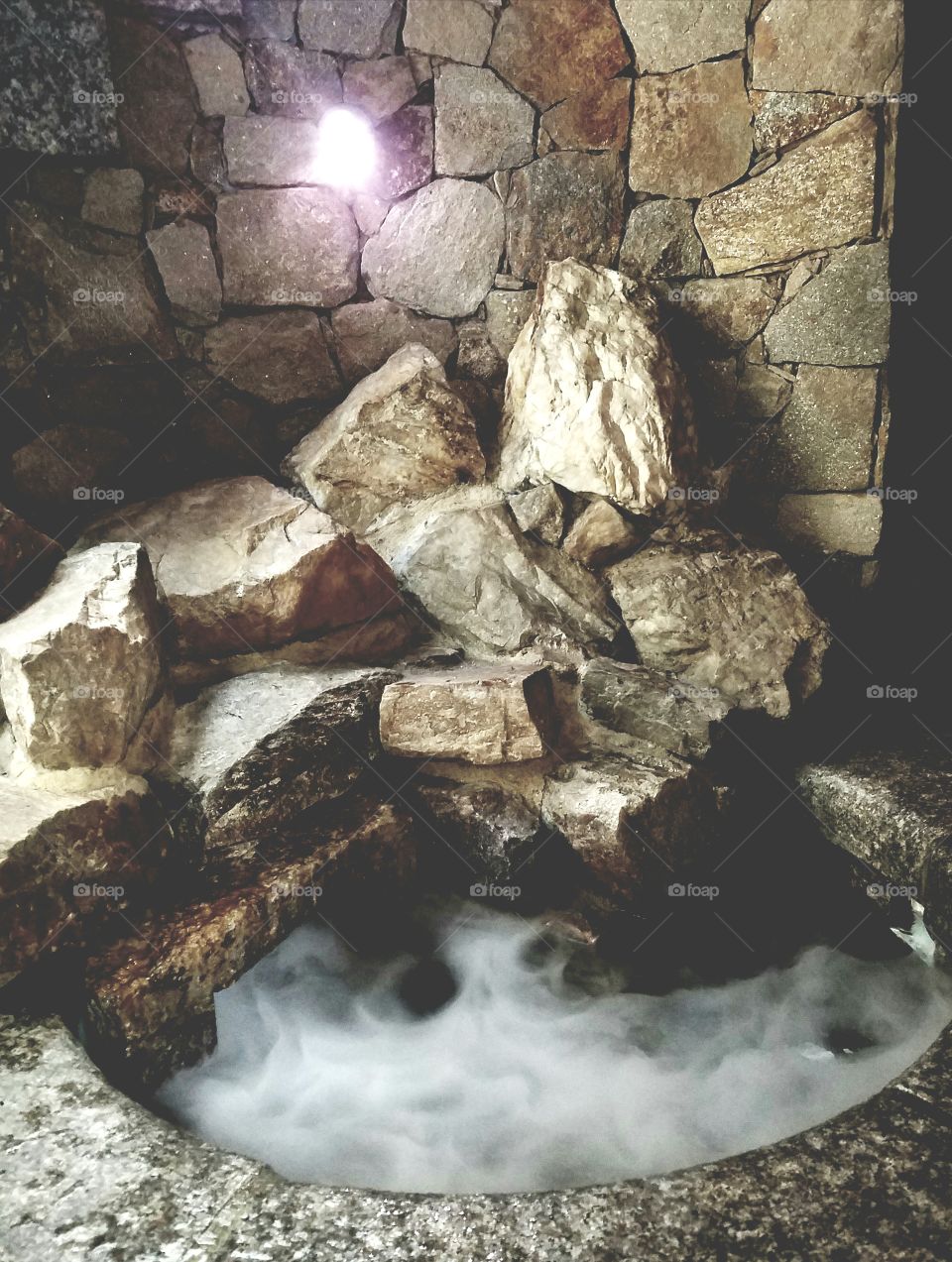 spooky witch's cauldron, rocks, pinhole light, and rising dry ice vapor