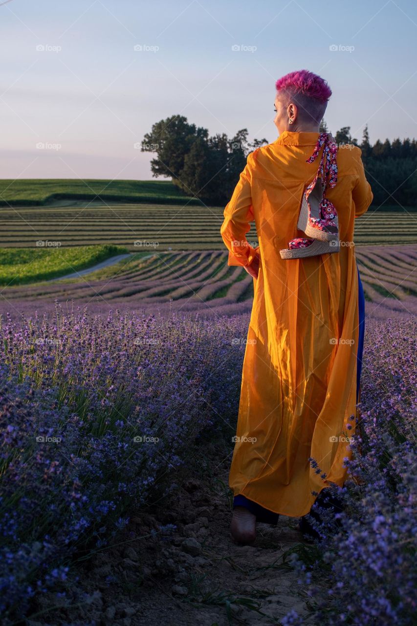 Pink Haired Woman in Lavender Field