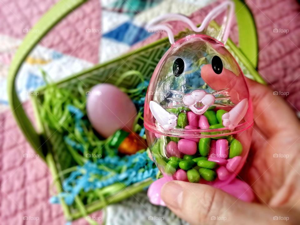 Pink Plastic Bunny Full of Green & Pink Candy