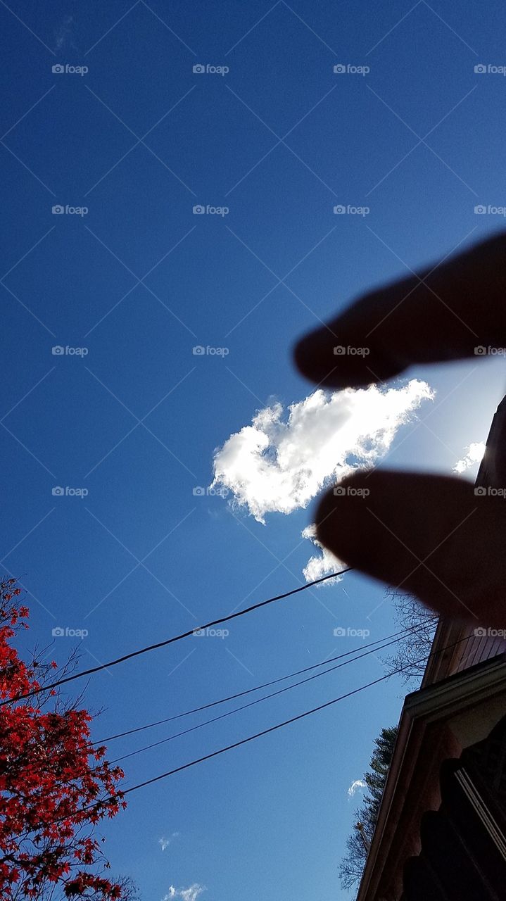 Silhouettes- Fingers pretending to hold a white cloud in the blue sky. Looking up at the sky!
