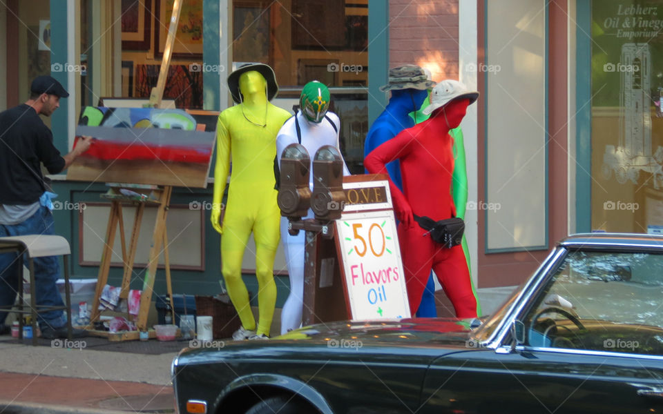 Men in Morph Suits walking down the street