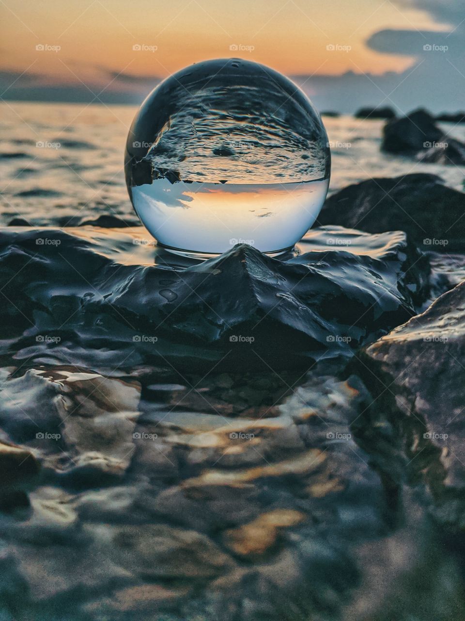 Beautiful reflection of the sea in my lensball at the adriatic seaside in summer.