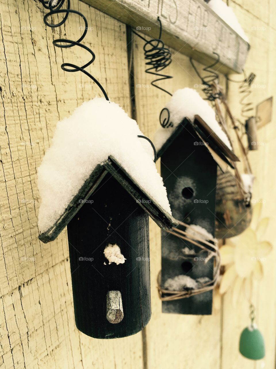 Tiny little fake bird houses against the shed wall... even they had snow on top