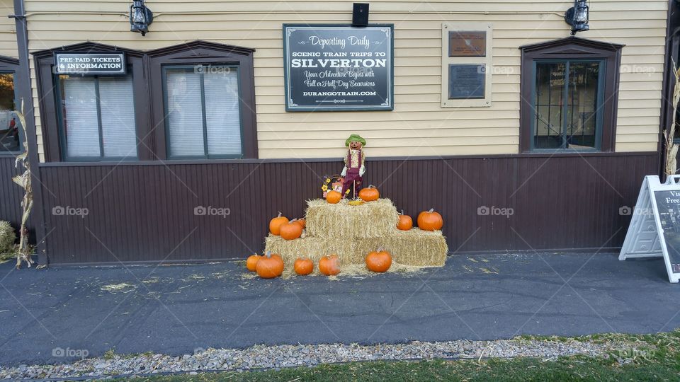 Halloween decorations at Durango train station Durango-Silverton narrow gauge
