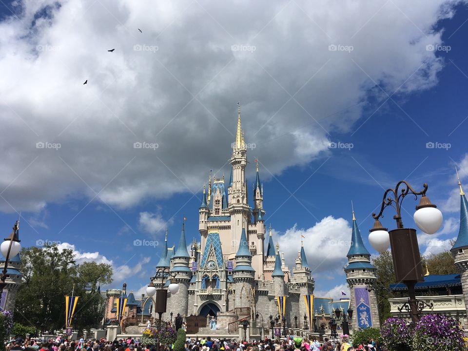 People crowded around Cinderella’s Castle at Disney Land 