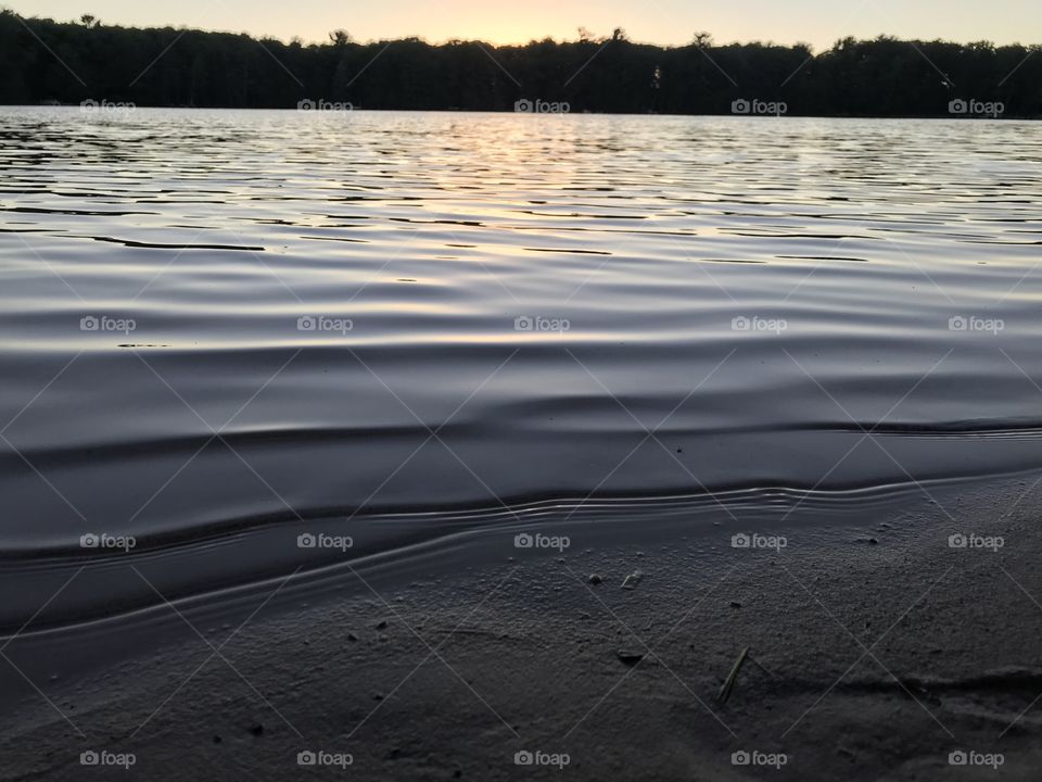 A soft golden sunset over the calm lake in summer.