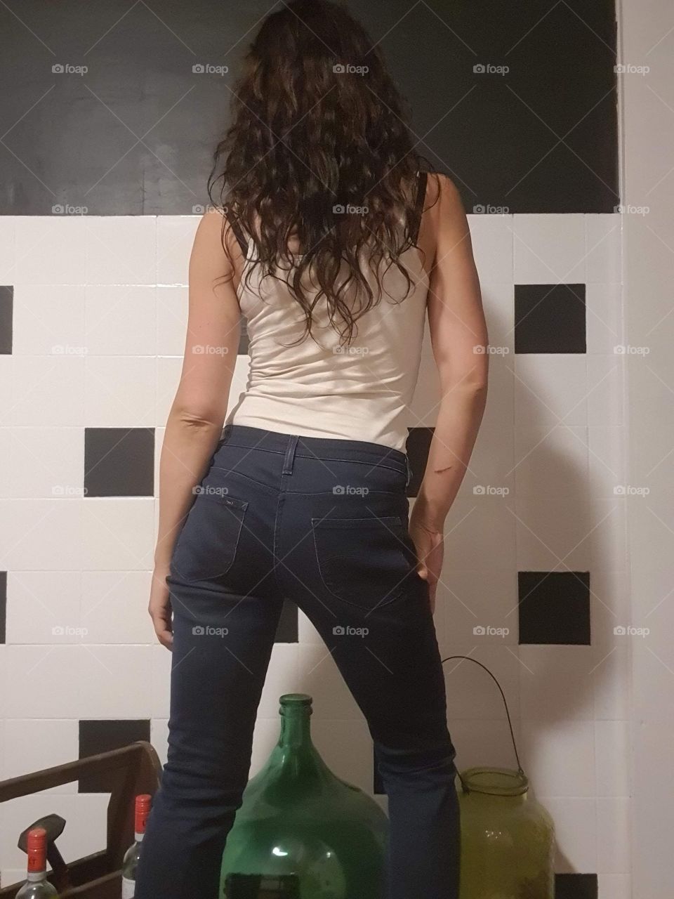 Photographed from the back of a woman