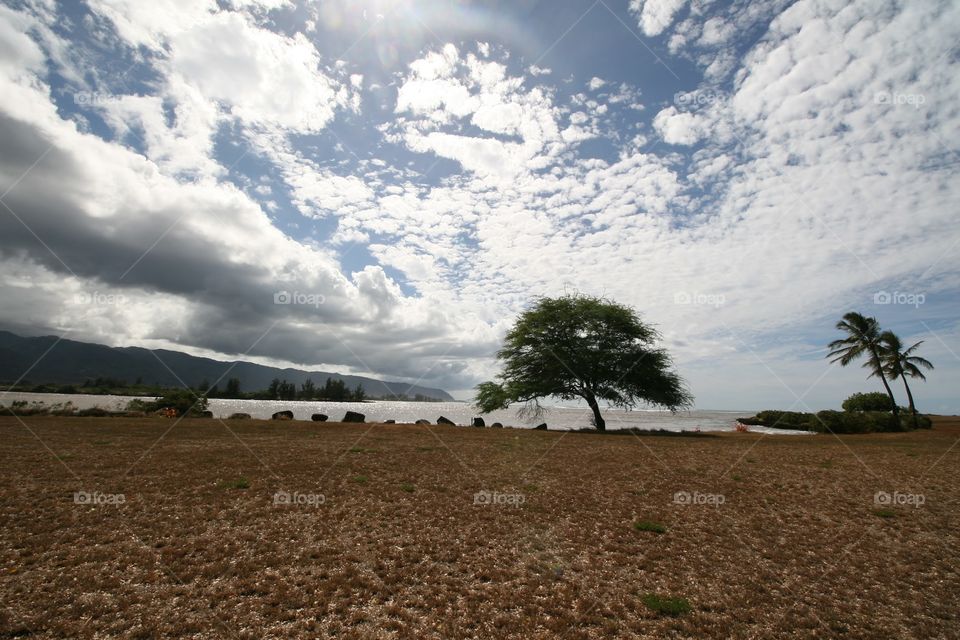 Storm Brewing in Hawaii. Storm clouds hang over the mountains near an oceanside park on the north shore of Oahu.