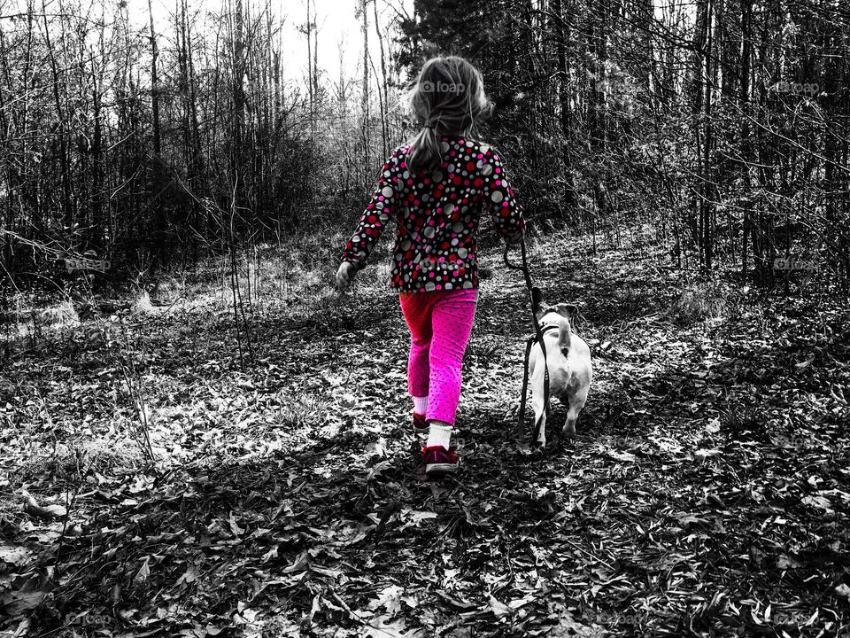 Color pop or color splash of a sweet little girl walking her dog in the forest. 