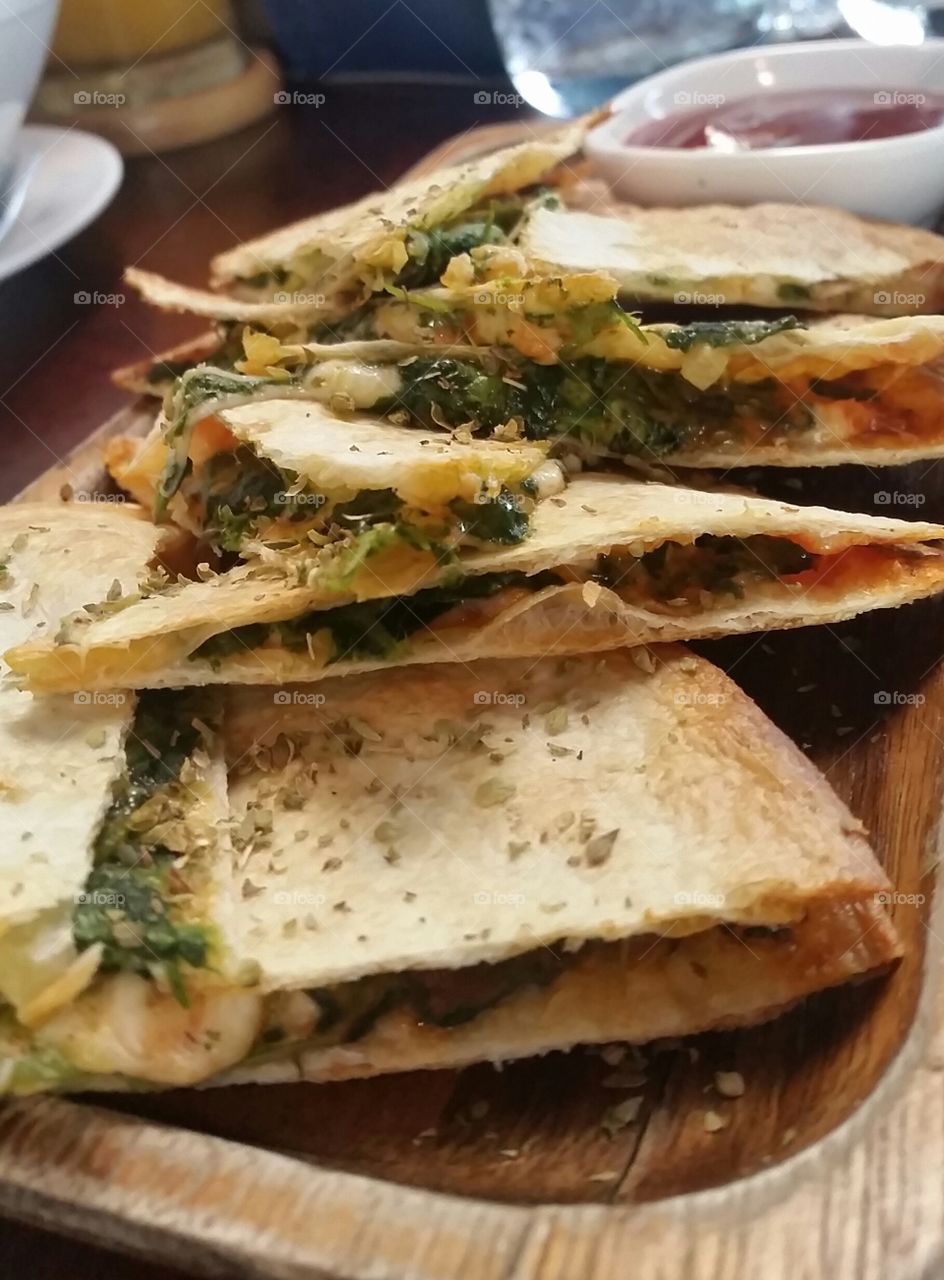 Spinish and cheese Totilla, mexican food in Thailand that was super delicious starter.
