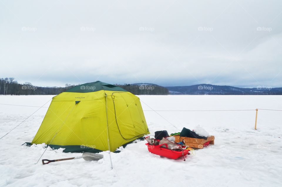 A Yellow Tent in Frozen Lake Abashiri