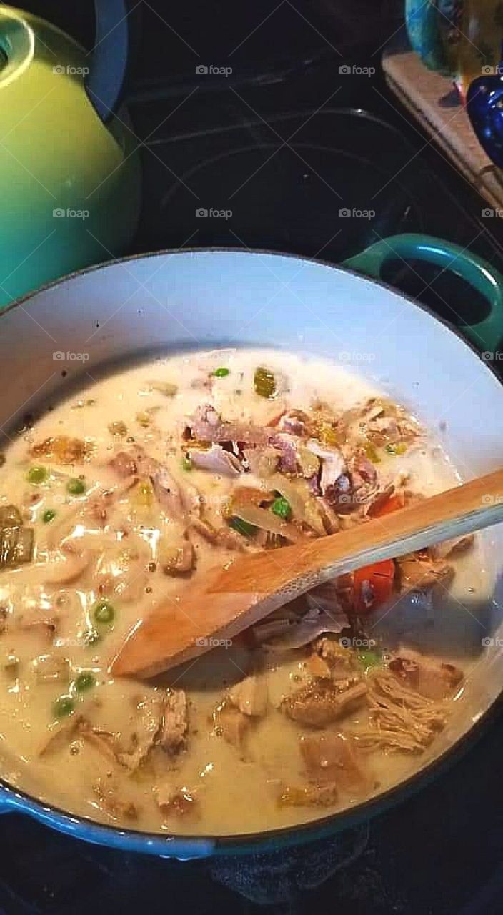 Making homemade chicken pot pie