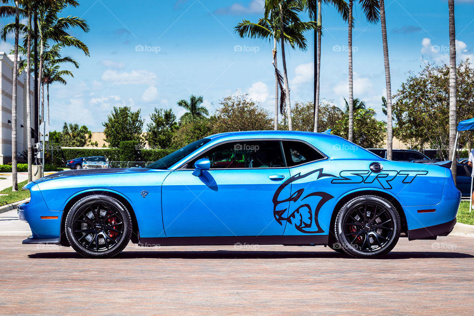 A blue Dodge Challenger hellcat with the cool hellcat decal on the side 