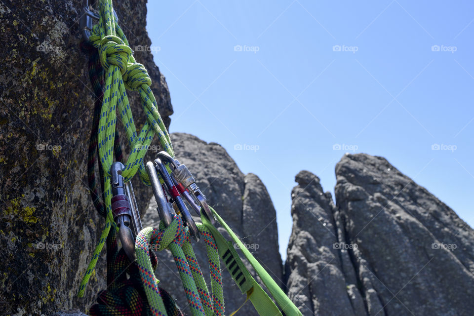 View of rock climbing equipment