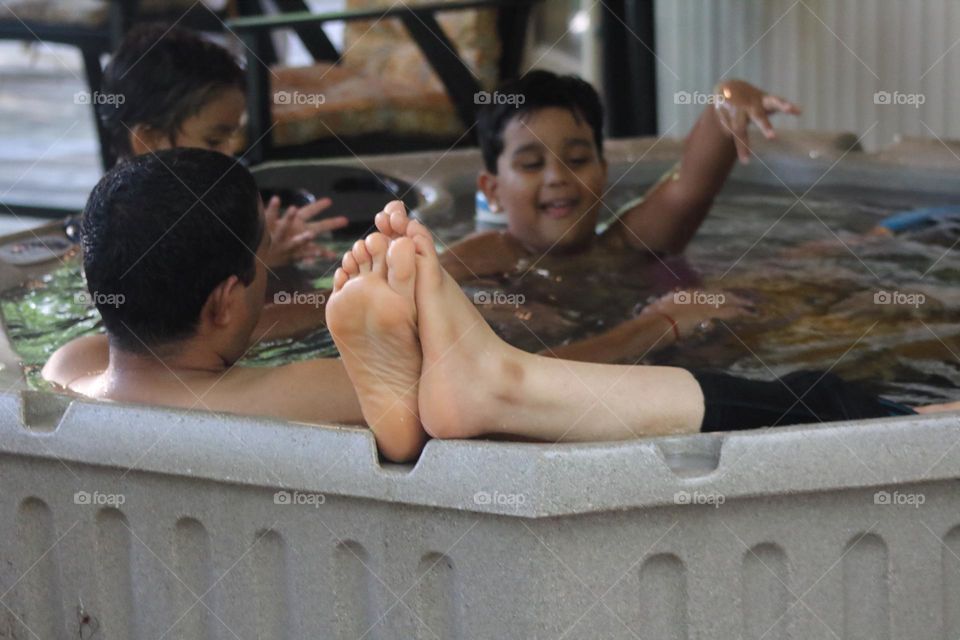 Fun relaxing in hot pool 