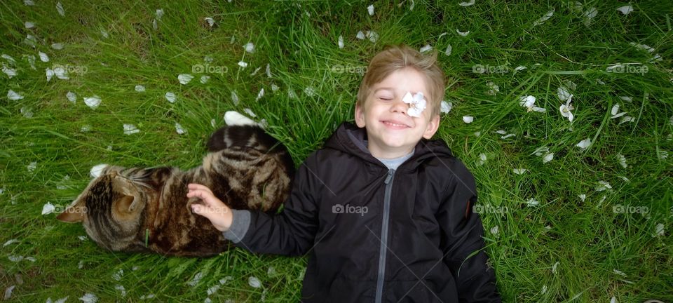 child lying on the grass with a cat