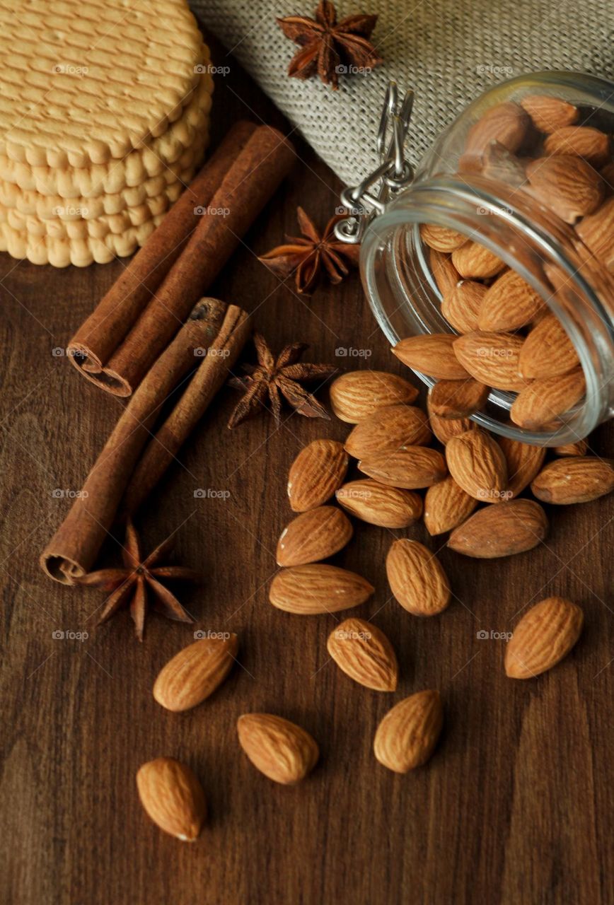 Nuts, spices on the table