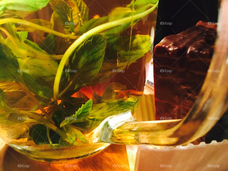 Cup of tea and chocolate waffle