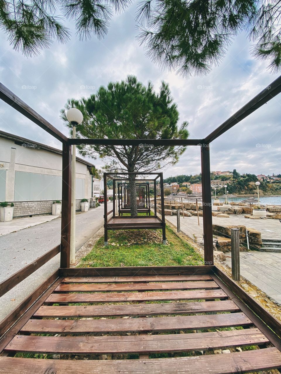 Symmetry in architecture at the adriatic seaside.  Weekend at the beach.