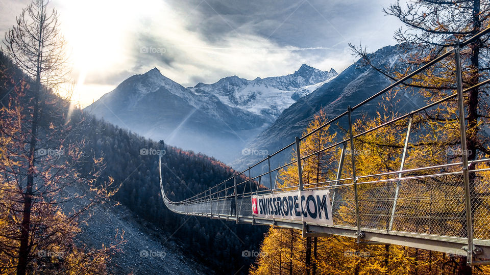 Long bridge in Zermatt, Switzerland. From trees in autumn to winter in the snowy mountains