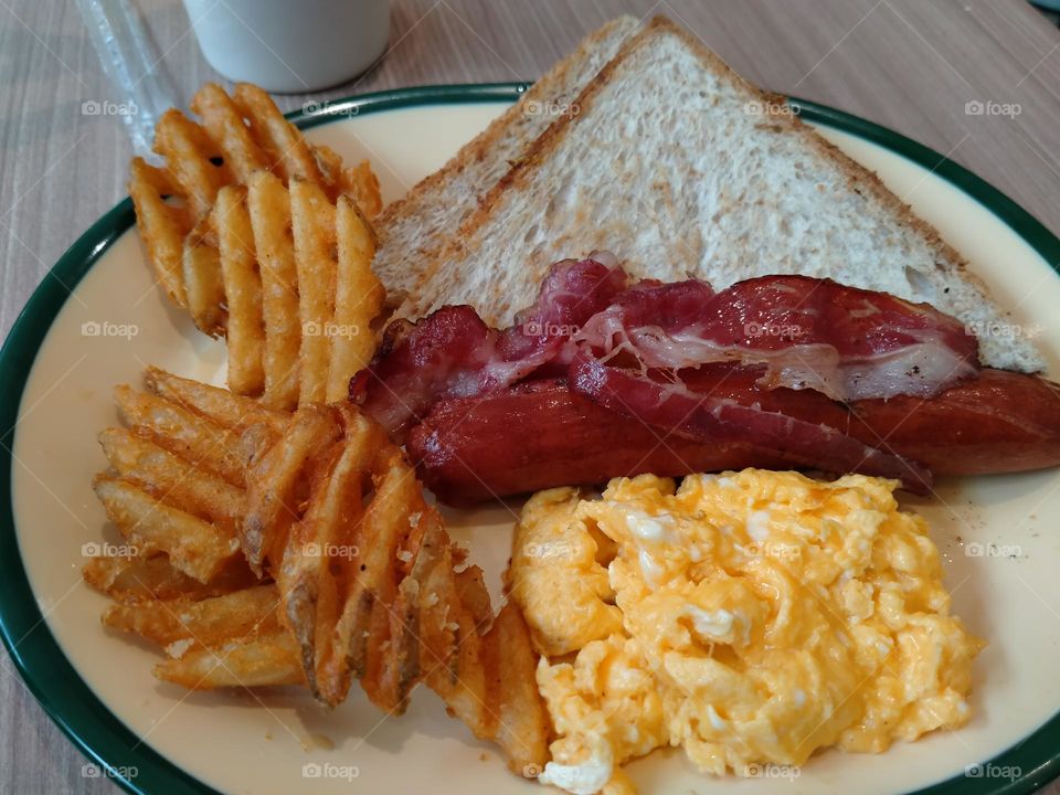 Breakfast menu, egg sausage bread