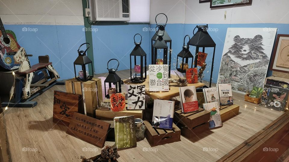 Old wooden table with many different types of decorations