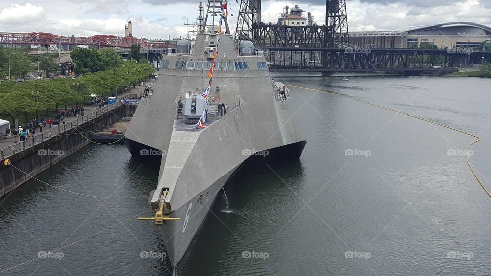 the military ship at the Willamette river.