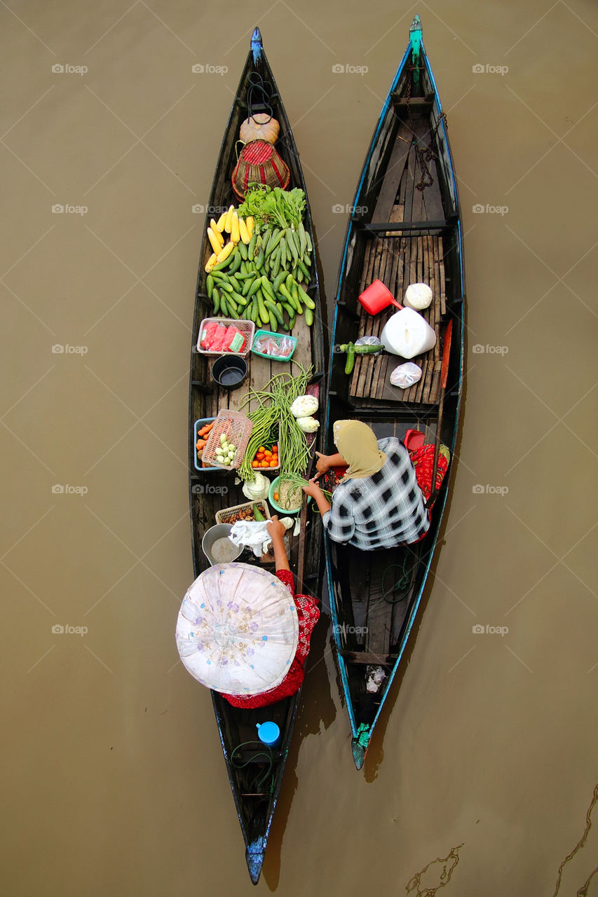 Morning view at Lokbaintan floating market, South Borneo, Indonesia.