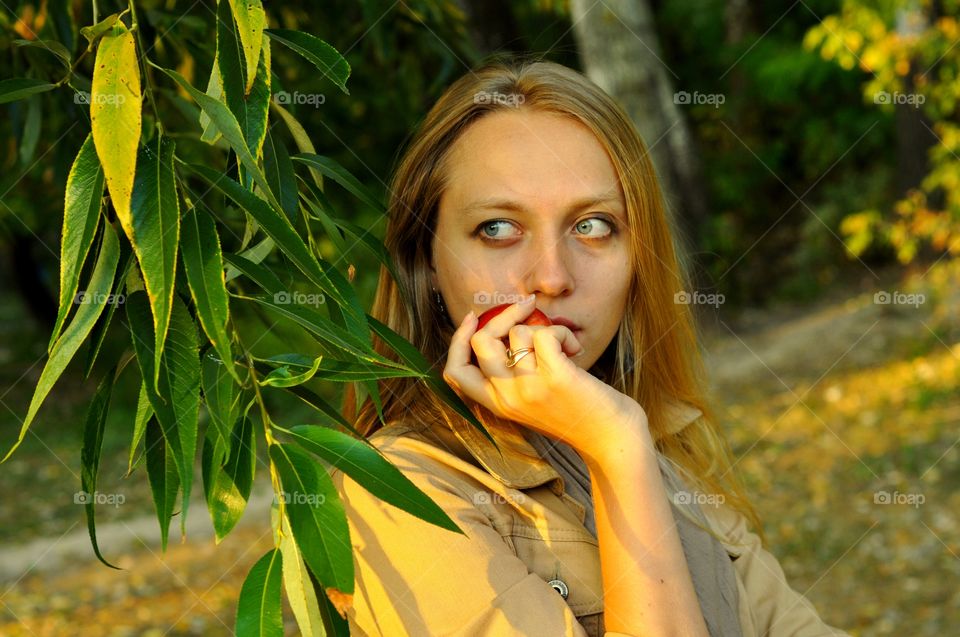 Autumn walk with apple 