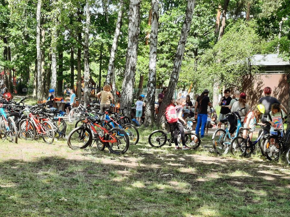 Youth cycling trip in the forest