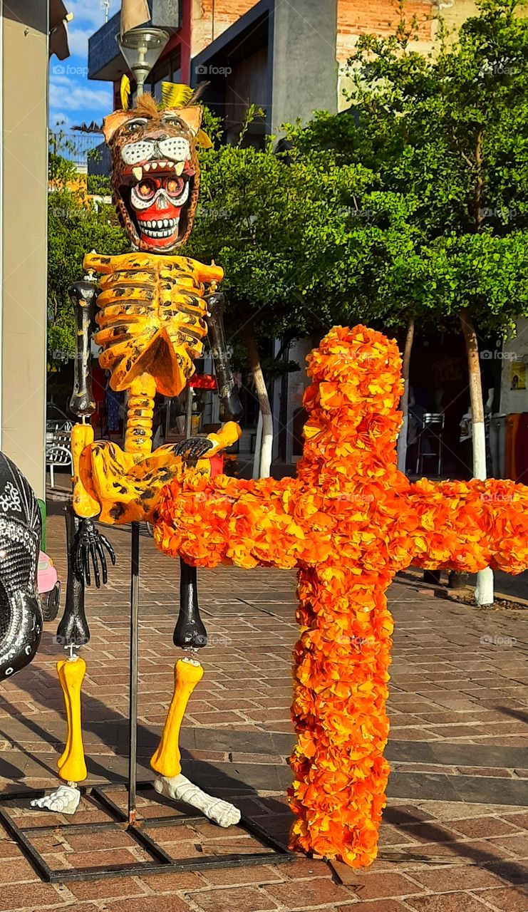 mexican tradition day of the dead,skeleton,cempasuchil,Orange flower,México,tradition,colorful