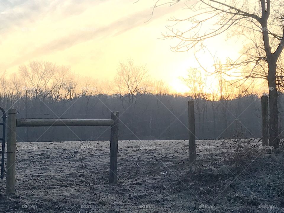 Sunrise over farm fence 