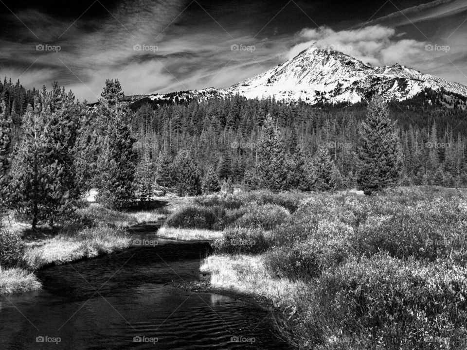 One of the Three Sisters in Oregon’s Cascade Mountains overlooks Soda Creek flowing through the forest with rich foliage on its banks on a beautiful fall day.