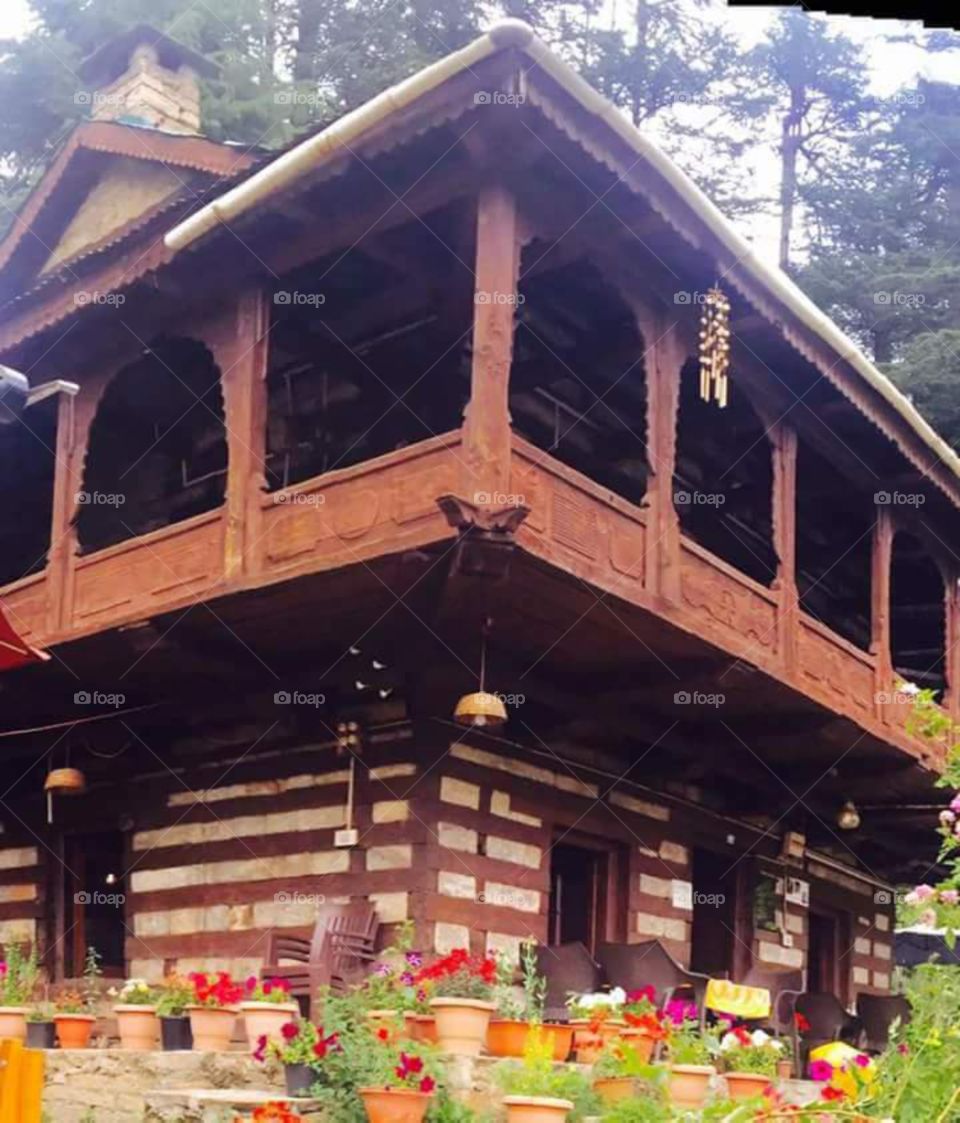 wooden house, architecture is very nice with the small garden. having different kind of flowers, with the cold environment, fesh air