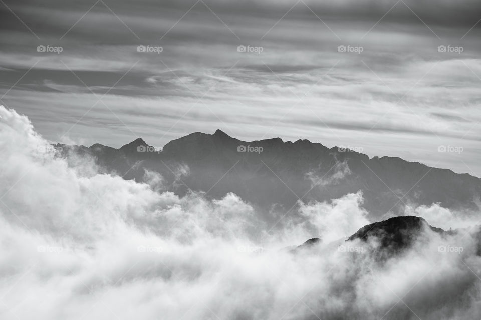 cloudy montain in black and white