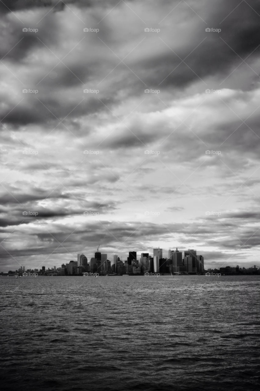 A shot looking back at New York from a boat.