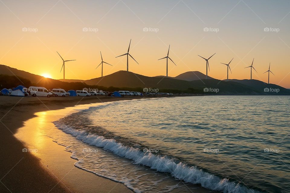 Golden hour at a peaceful beach where the waves gently meet the shore. Wind turbines spin silently over the hills, blending nature, technology, and summer freedom into one serene sunset scene.