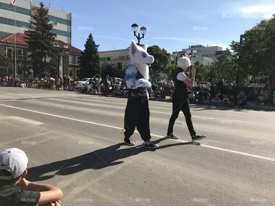 A horse mascot in the parade.