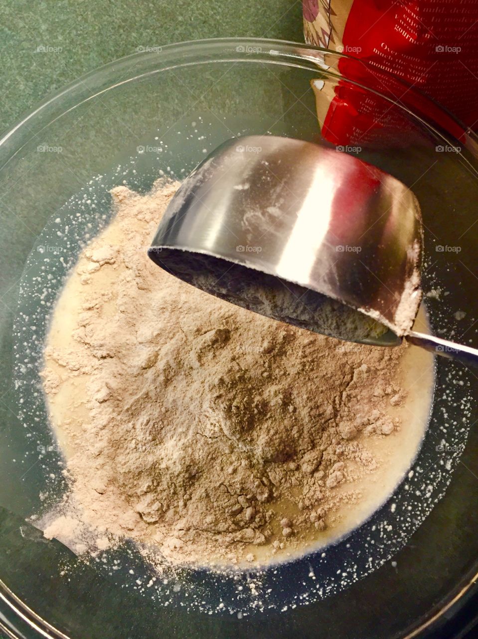 High angle view of flour in bowl