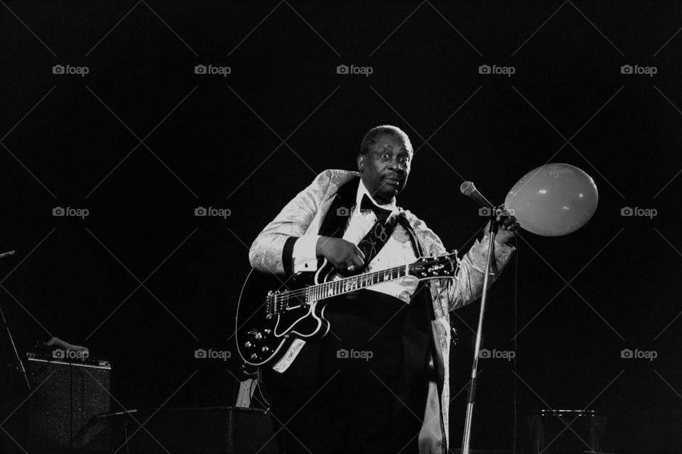 10 March 1996, the legendary Blues Boy, B. B. King performing at the Arena Hall in Poznan, Poland. American blues guitarist and singer-songwriter. Archival image could have imperfections as it is digital reproduction from b&w negative. Editorial use.