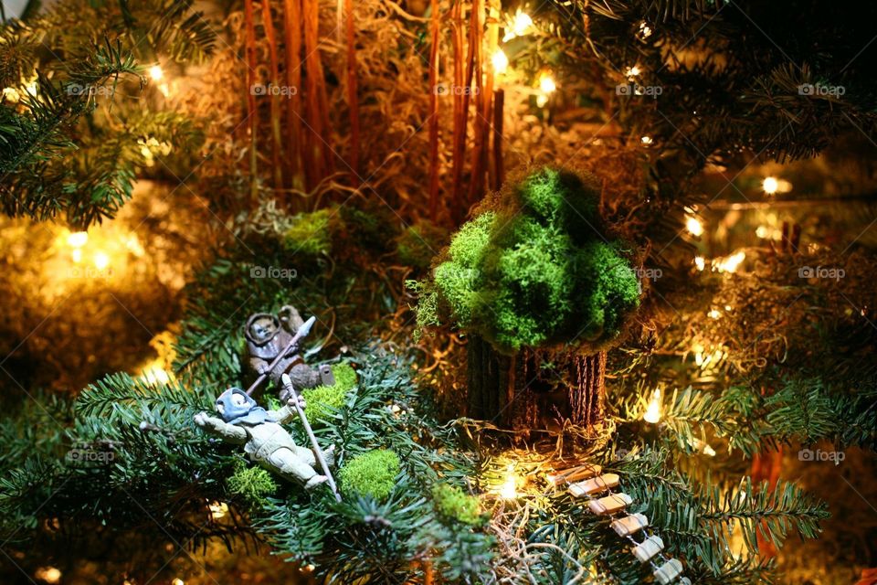 DIY close-up of a Christmas tree decorated as  Endor with Ewoks 